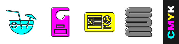 设置椰子鸡尾酒，请勿打扰，护照有签证盖章和毛巾堆图标。向量图片下载