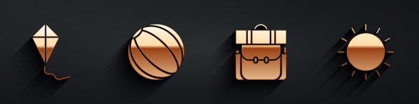 设置风筝，沙滩球，徒步旅行背包和太阳图标与长影子。向量图片下载