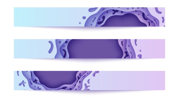 一套剪纸风格的横幅。三个3d抽象传单紫色紫罗兰和蓝色梯度颜色。分层深剪纸背景与液体孔和星星形状。折纸风格矢量插图图片下载