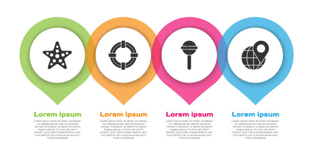 设置海星，救生圈，棒棒糖和定位在地球上。业务信息模板。向量图片下载