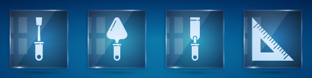 设置螺丝刀，抹子，锉刀和三角尺。方形玻璃面板。向量图片下载