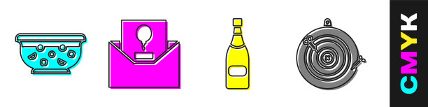 设置混合潘趣酒在碗，邀请，香槟瓶和经典飞镖板和箭头图标。向量图片下载