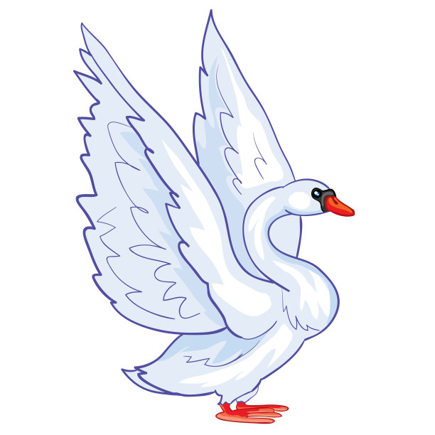 一只天鹅站着展开翅膀，白色背景上的孤立物体，矢量图，图片下载