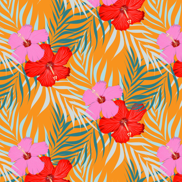花矢量图案，矢量设计与木槿花和棕榈叶。图案是干净的织物，墙纸，印刷。图案在色板上图片下载