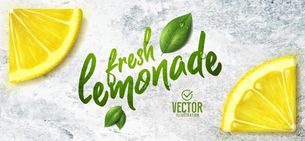 向量现实柠檬插图和树叶在白色的石头背景图片下载