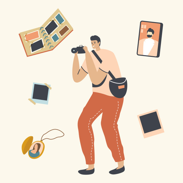男子摄影师与照片相机为家庭相册照片。创意爱好，旅游，职业，带奖章的男性角色，图片和智能手机，记忆。线性向量插图图片下载