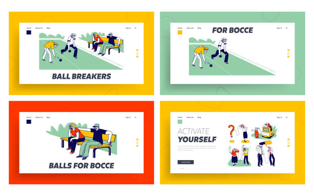 老年人在公园玩地掷球，聋人手机页面模板。朋友们在户外享受闲暇时光的矢量插画图片下载