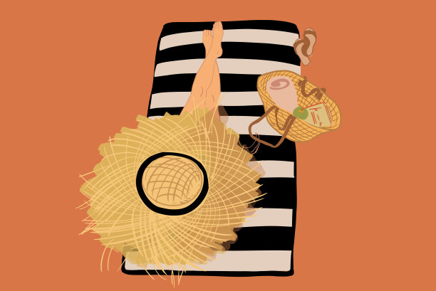 戴草帽的女人躺在日光浴床上图片下载