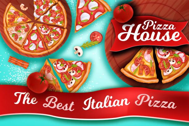 最好的意大利披萨横幅在现实风格与辣香肠片，玛格丽特，番茄，马苏里拉奶酪，红丝带。图片下载