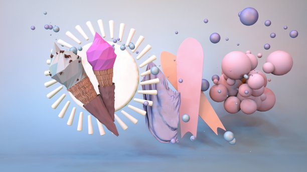 抽象的静物冰淇淋上的太阳和海洋的背景泡沫三维图像图片下载