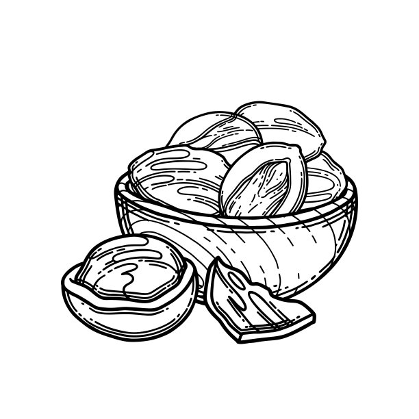 有图案的木碗，里面有干的乳木果。图片下载