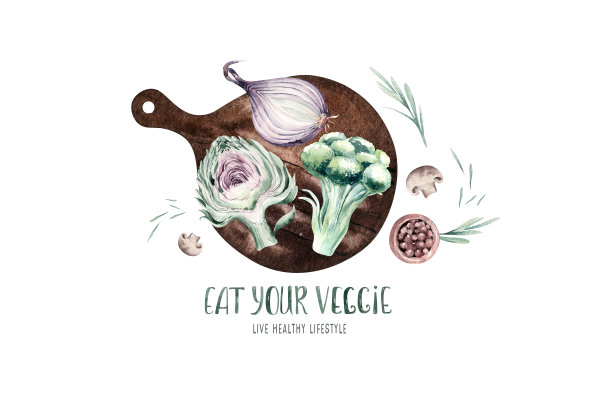 蔬菜健康有机水彩木砧板与甜椒，韭菜，洋葱和鳄梨维生素迷迭香插图。分离生菜和萝卜。素描茄子蘑菇图片下载
