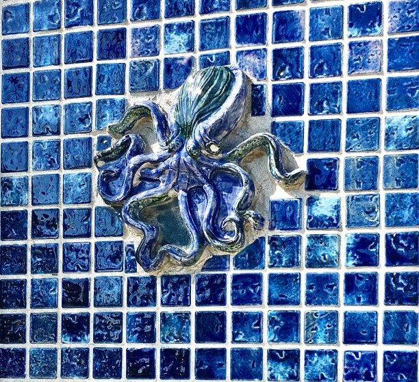 蓝色瓷砖墙壁装饰章鱼-抽象图片下载