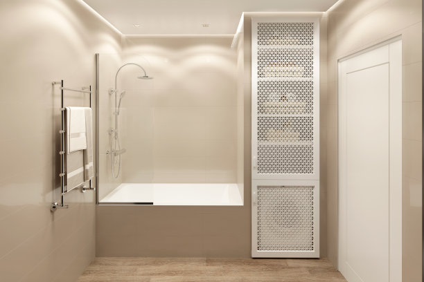 现代米色浴室内部有浴缸，淋浴屏幕，毛巾烘干机，洗衣机和浴室配件的橱柜。前视图。图片下载