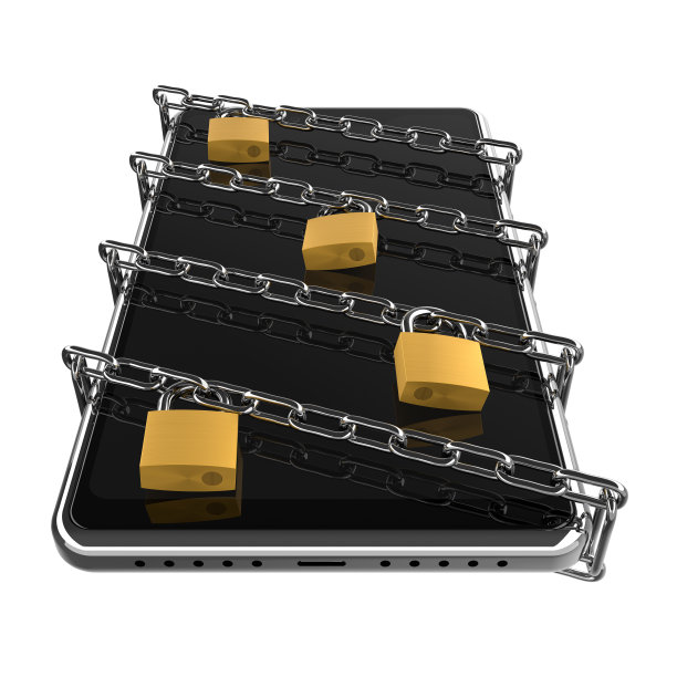 以智能手机链条和挂锁为标志的存取锁，授权存取手机- 3d插图图片下载