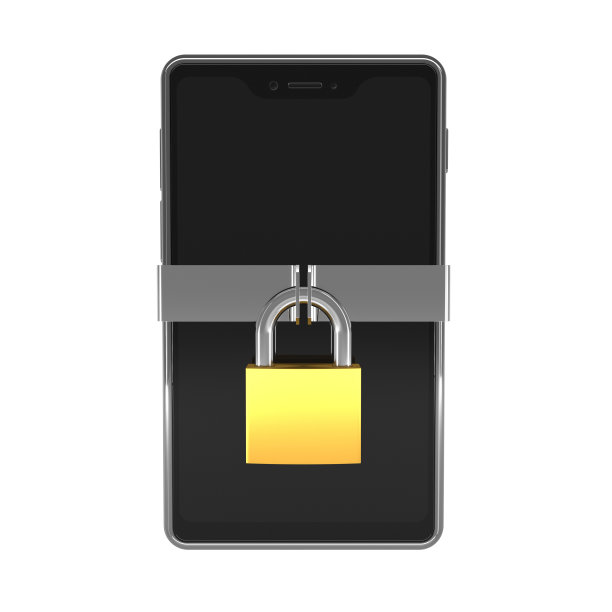 智能手机与一个空白屏幕上的白色背景和一个挂锁与金属带作为手机访问锁的象征- 3d插图图片下载