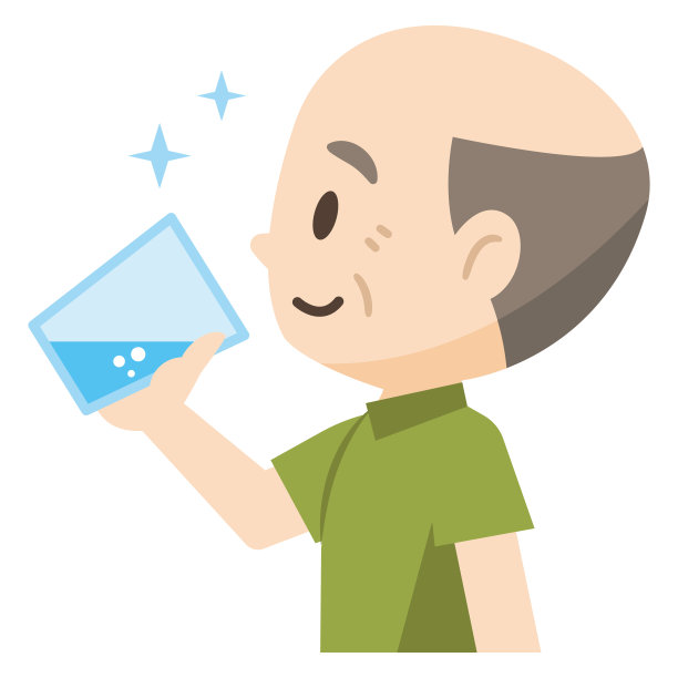 一个老人在喝一杯水的插图图片下载