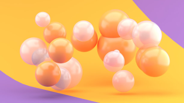 橙色球和透明球漂浮在紫色和橙色的背景上。3 d渲染。图片下载