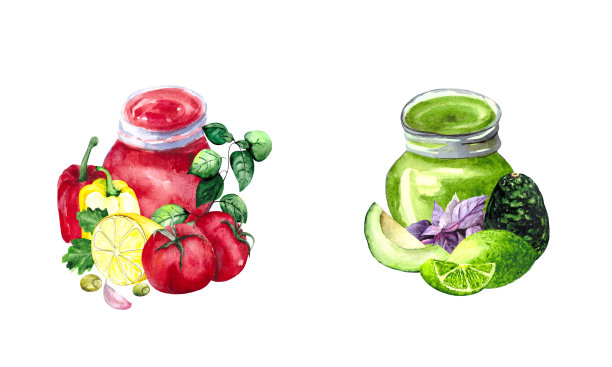 两套水彩组合红色和绿色蔬菜酱和新鲜的配料:辣椒，西红柿，鳄梨，罗勒，酸橙，柠檬，欧芹和大蒜。图片下载