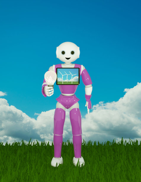 可爱的3d机器人站在蓝色天空下的绿色草地上，手里拿着一个闪亮的灯泡。图片下载