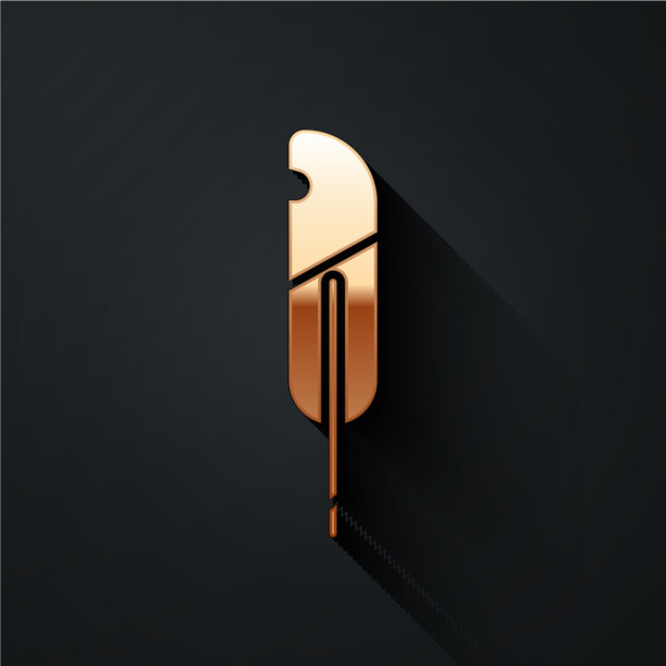 金色羽毛笔图标孤立在黑色背景图片下载