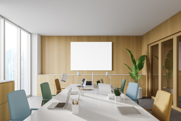 木质开放空间办公室与海报图片下载