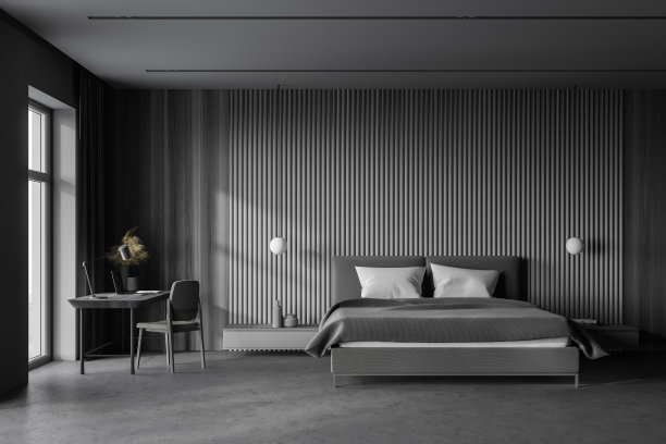 灰色的卧室内部与家庭办公室图片下载