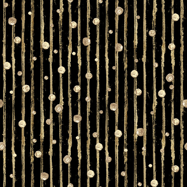 抽象无缝图案与3d金色闪闪的丙烯酸涂料波尔卡点和条纹在黑色的背景素材图片