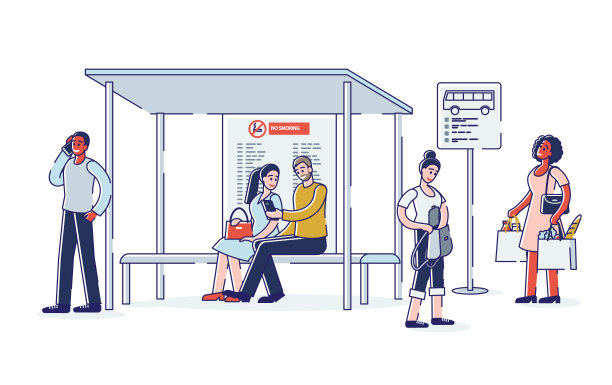 汽车站上的一群人。各种卡通人物在车站等车图片下载