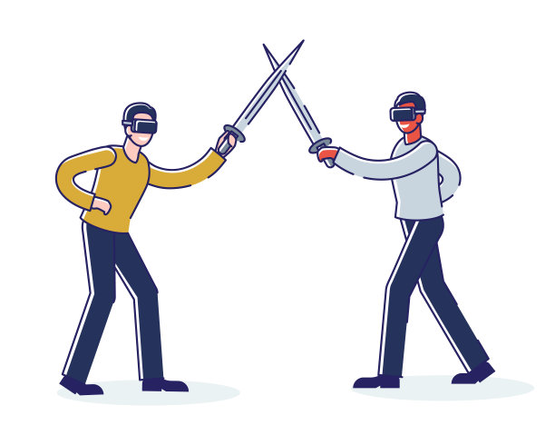 戴着现代虚拟现实眼镜的男人在草地上打架。游戏仿真技术概念图片下载