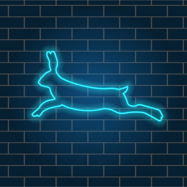 亮蓝色的氖野兔在奔跑。砖墙。矢量插图。图片下载