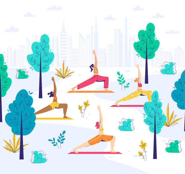 女性角色在公园里练习武士姿势。Virabhadrasana。户外瑜伽的概念。图片下载