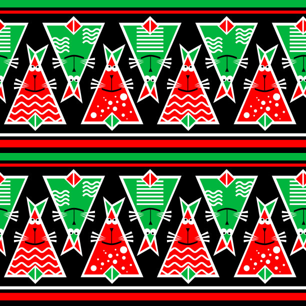 三角形的猫和条纹。无缝模式上的黑色背景。图片下载