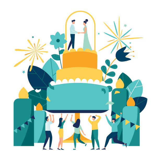 矢量插图的一个大的婚礼蛋糕与一对新娘和新郎，邀请卡，快乐的客人，浪漫的事件图片下载