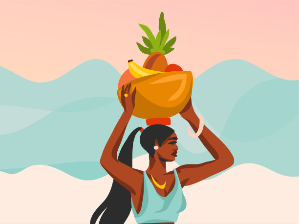 手绘向量抽象股票图形插图与年轻快乐的黑人美国美人女性，在海滩场景咖啡馆孤立的白色背景上，在他的头上提着一篮子水果图片下载