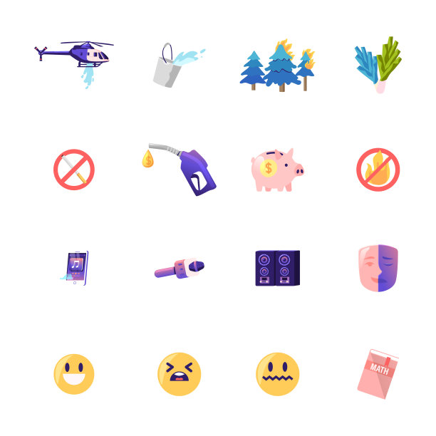 一套图标直升飞机，水桶与水和燃烧的树木在森林，吸烟禁止标志，加油软管和储蓄罐，智能手机与音乐应用程序，麦克风，面具。卡通矢量图图片下载