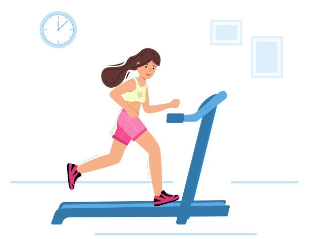 在电动跑步机上跑步的女人。活泼的年轻女孩正在房间里慢跑。图片下载