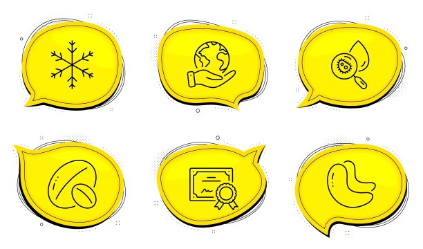 水分析，大豆坚果和雪花图标设置。腰果的迹象。水细菌，素食，雪。向量图片下载