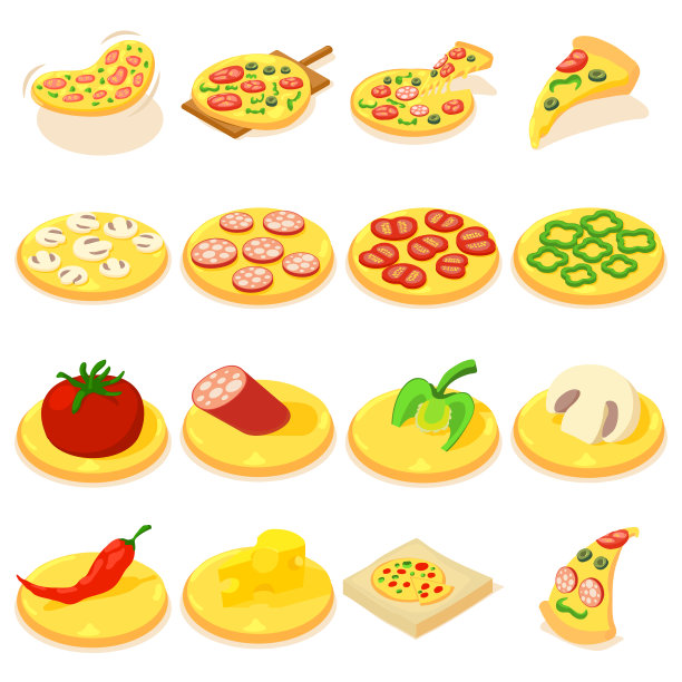 披萨图标设置，等距风格图片下载