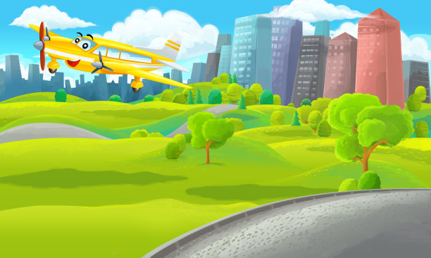 卡通场景在城市外的公园与私人飞机飞行插图图片下载