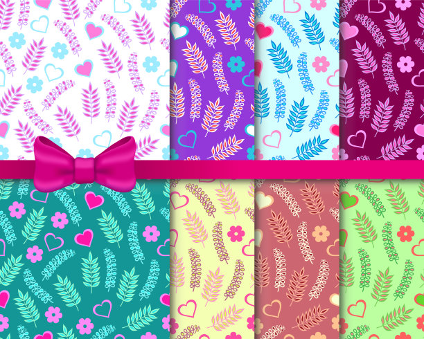 花无缝图案与心。一组不同的颜色选项。图片下载