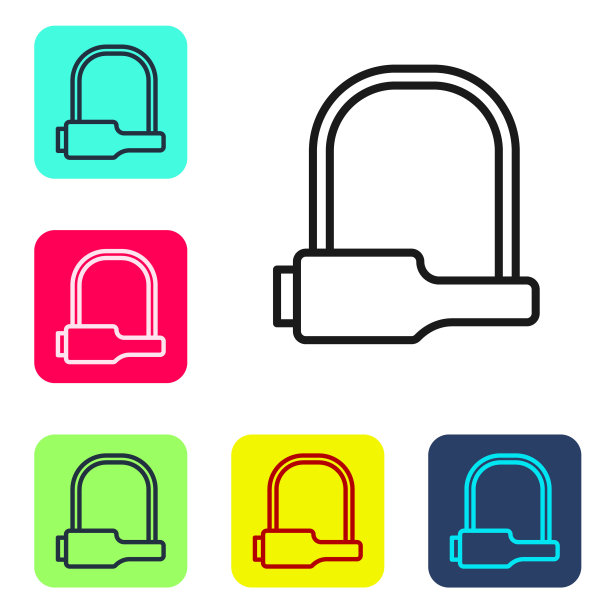 黑色线自行车锁U形工业图标孤立在白色背景上。设置图标的颜色方形按钮。矢量图图片下载