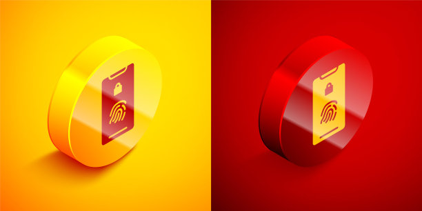 等距智能手机与指纹扫描仪图标隔离在橙色和红色背景。安全概念，个人访问通过移动手指。圆按钮。矢量图图片下载