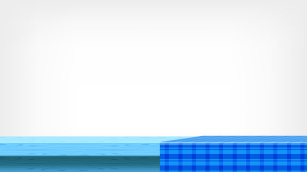 木板和蓝色台布正面视图和拷贝空间，空的桌面和台布，背景广告木板上的格子布，桌面桌布，木桌织物和灰色墙壁图片下载