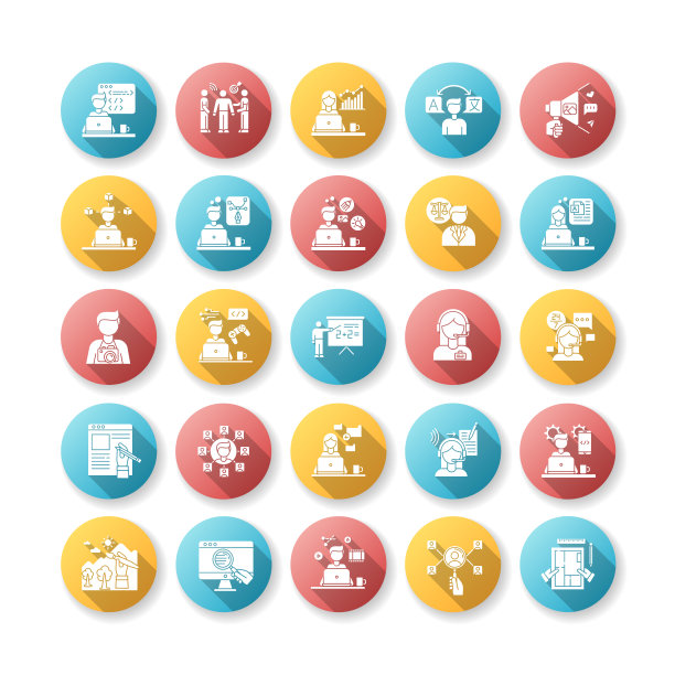 自由职业平面设计长阴影字形图标集。网页开发、平面设计、文案撰写。品牌和人力资源管理，数据录入工作。剪影RGB彩色插图图片下载