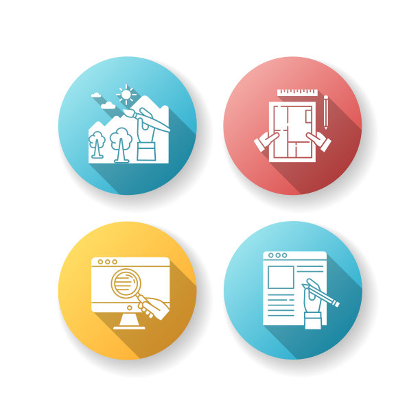 远距离工作平面设计长阴影字形图标集。自由插画家，文案和室内设计师。网站研究，设计，文章写作。剪影RGB彩色插图图片下载