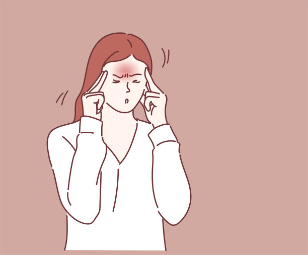 患有头痛的年轻女性。手绘细线风格，矢量插图。图片下载