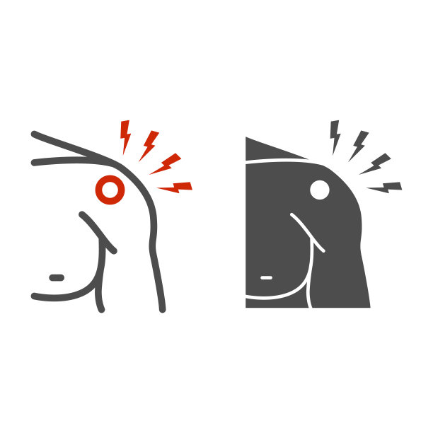 肩痛线和固体图标，身体疼痛概念，疼痛的肩膀标志在白色的背景，肩痛与闪电图标轮廓风格的移动概念和网页设计。矢量图形。图片下载