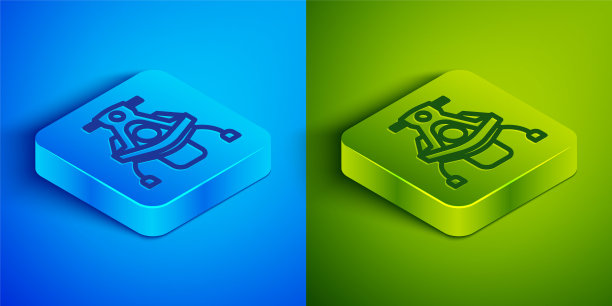 等距线雪地车图标孤立在蓝色和绿色背景。玩雪地摩托车的迹象。极限运动。方形按钮。矢量图图片下载