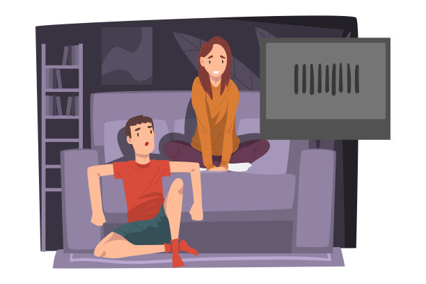 一对夫妇一起在沙发上看电影，年轻的男人和女人在家放松矢量插图图片下载